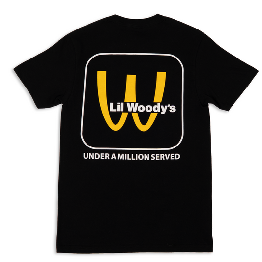 Black t-shirt with 'Lil Woody's Under A Million Served' in white lettering 