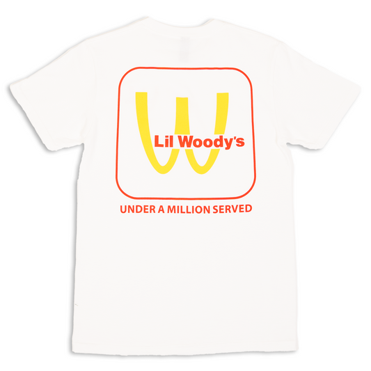 White t-shirt with 'Lil Woody's' logo in yellow and "under a million served" in red text